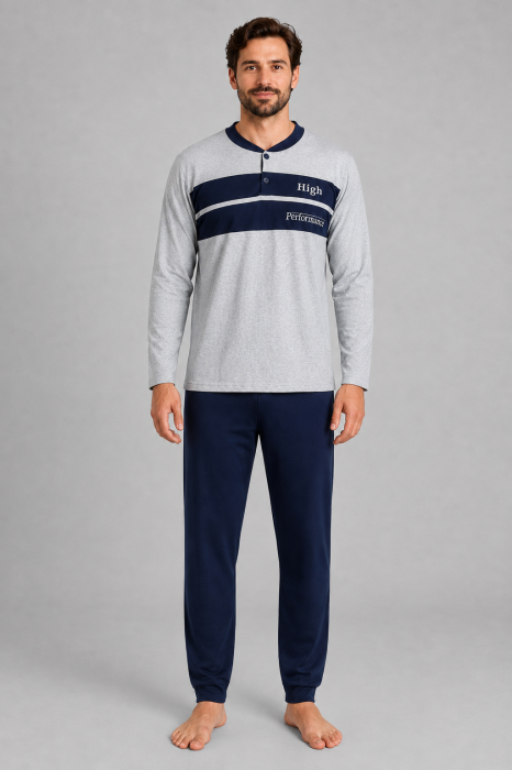 Pijama Barbati din Bumbac Gri cu Pantaloni Bleumarin, Maneca Lunga [6]