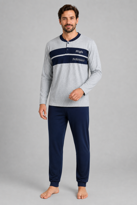 Pijama Barbati din Bumbac Gri cu Pantaloni Bleumarin, Maneca Lunga [2]