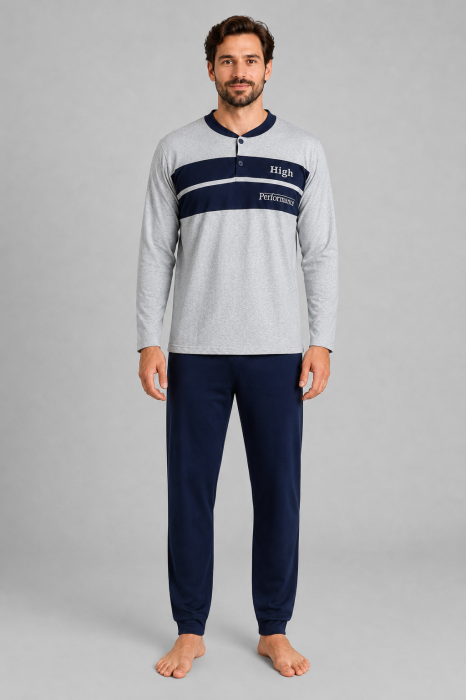 Pijama Barbati din Bumbac Gri cu Pantaloni Bleumarin, Maneca Lunga [5]
