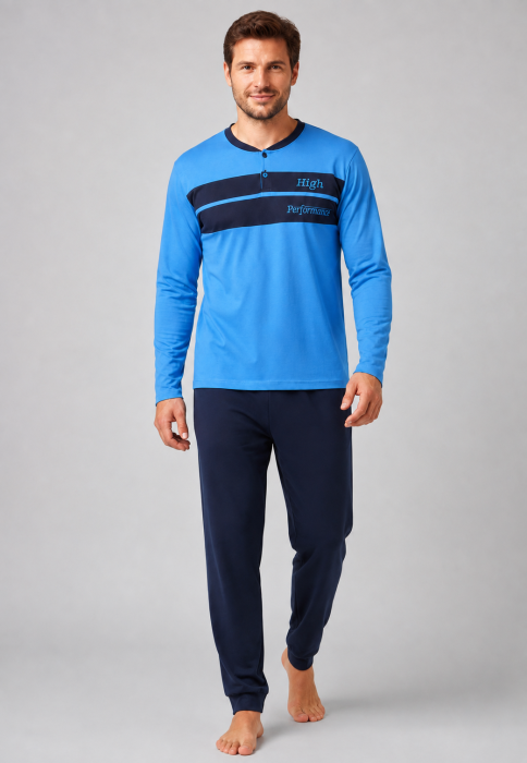 Pijama Barbati din Bumbac Albastra cu Pantaloni Bleumarin, Maneca Lunga [4]