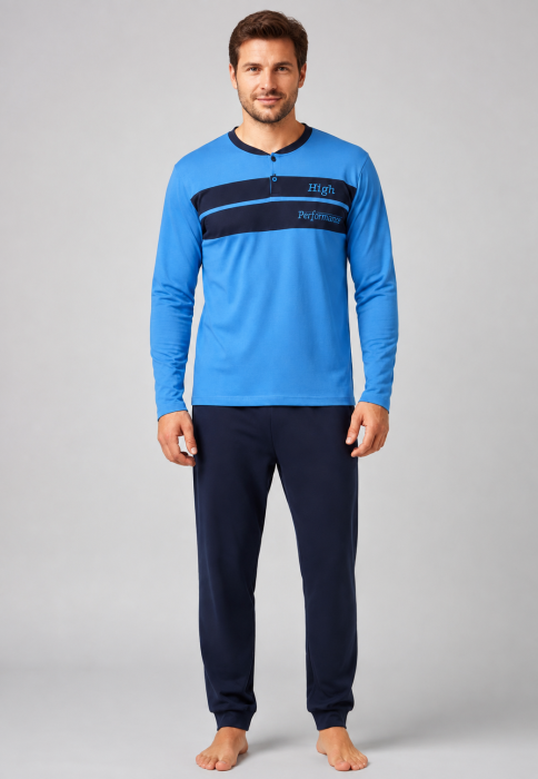Pijama Barbati din Bumbac Albastra cu Pantaloni Bleumarin, Maneca Lunga [2]