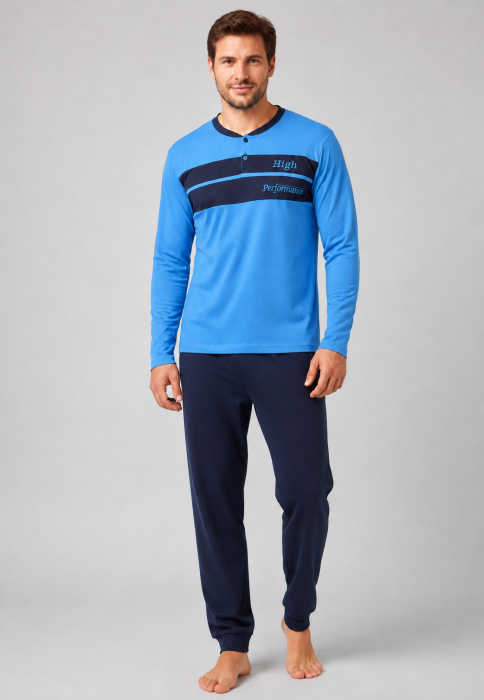 Pijama Barbati din Bumbac Albastra cu Pantaloni Bleumarin, Maneca Lunga [5]