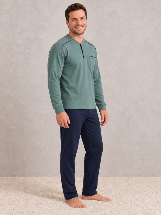 Pijama barbati din bumbac gros Interlock Premium, verde si bleumarin, maneca lunga [5]