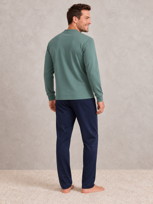 Pijama barbati din bumbac gros Interlock Premium, verde si bleumarin, maneca lunga [3]