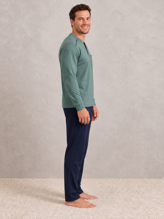 Pijama barbati din bumbac gros Interlock Premium, verde si bleumarin, maneca lunga [4]