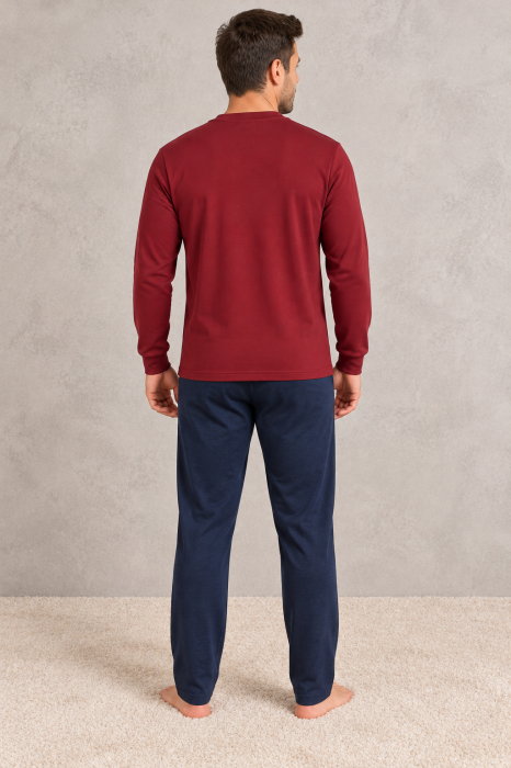Pijama Barbati Bumbac Gros Premium Interlock, Bluza Bordo si Pantaloni Bleumarin, Maneca Lunga [2]