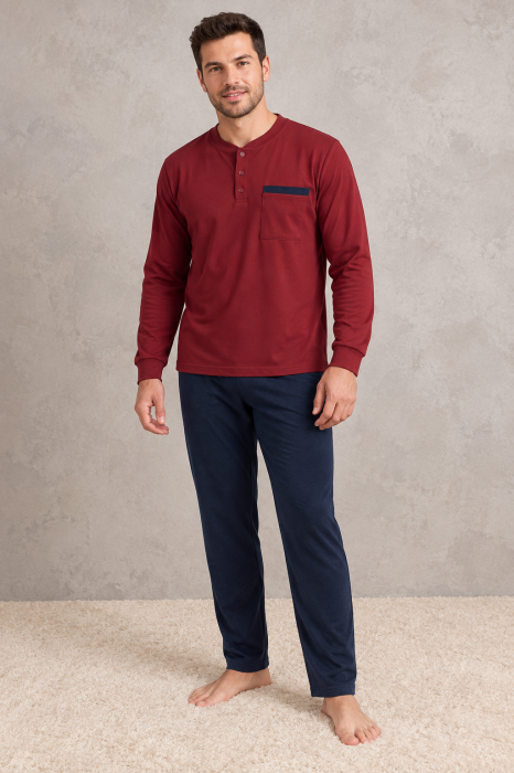 Pijama Barbati Bumbac Gros Premium Interlock, Bluza Bordo si Pantaloni Bleumarin, Maneca Lunga [4]