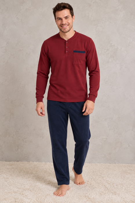 Pijama Barbati Bumbac Gros Premium Interlock, Bluza Bordo si Pantaloni Bleumarin, Maneca Lunga [3]