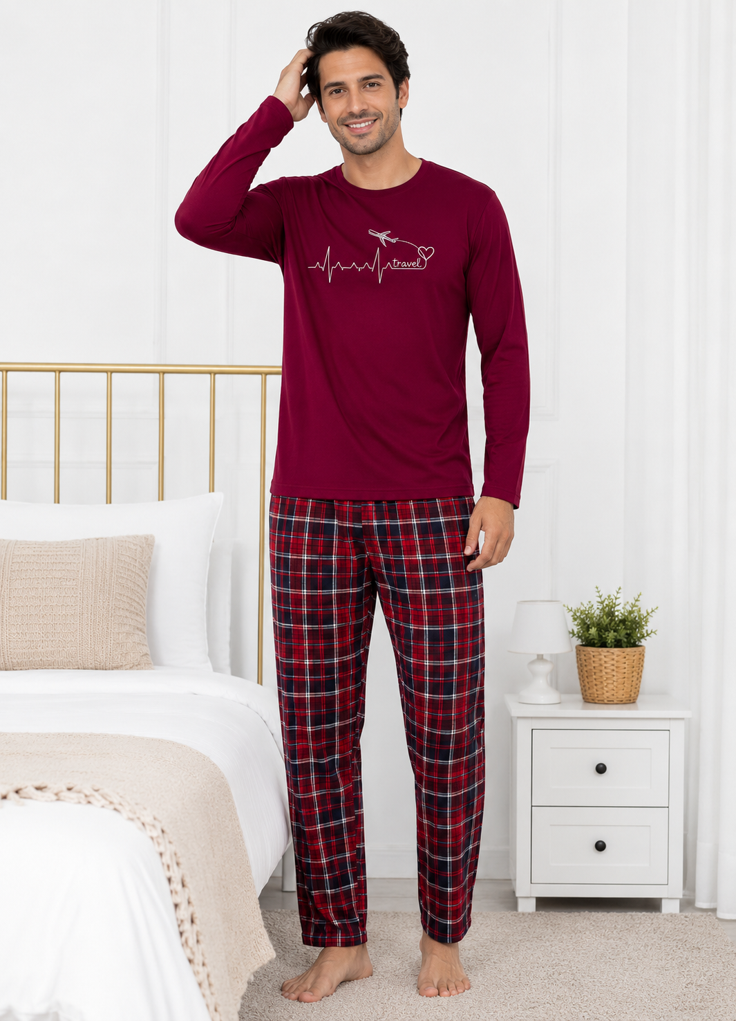 Pijama barbati din bumbac, bluza bordo cu maneca lunga si pantaloni in carouri rosu-negru [4]