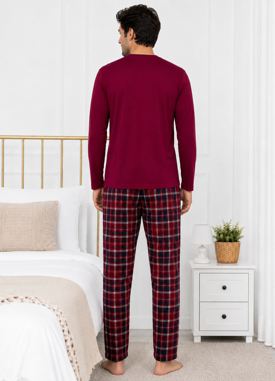 Pijama barbati din bumbac, bluza bordo cu maneca lunga si pantaloni in carouri rosu-negru [2]