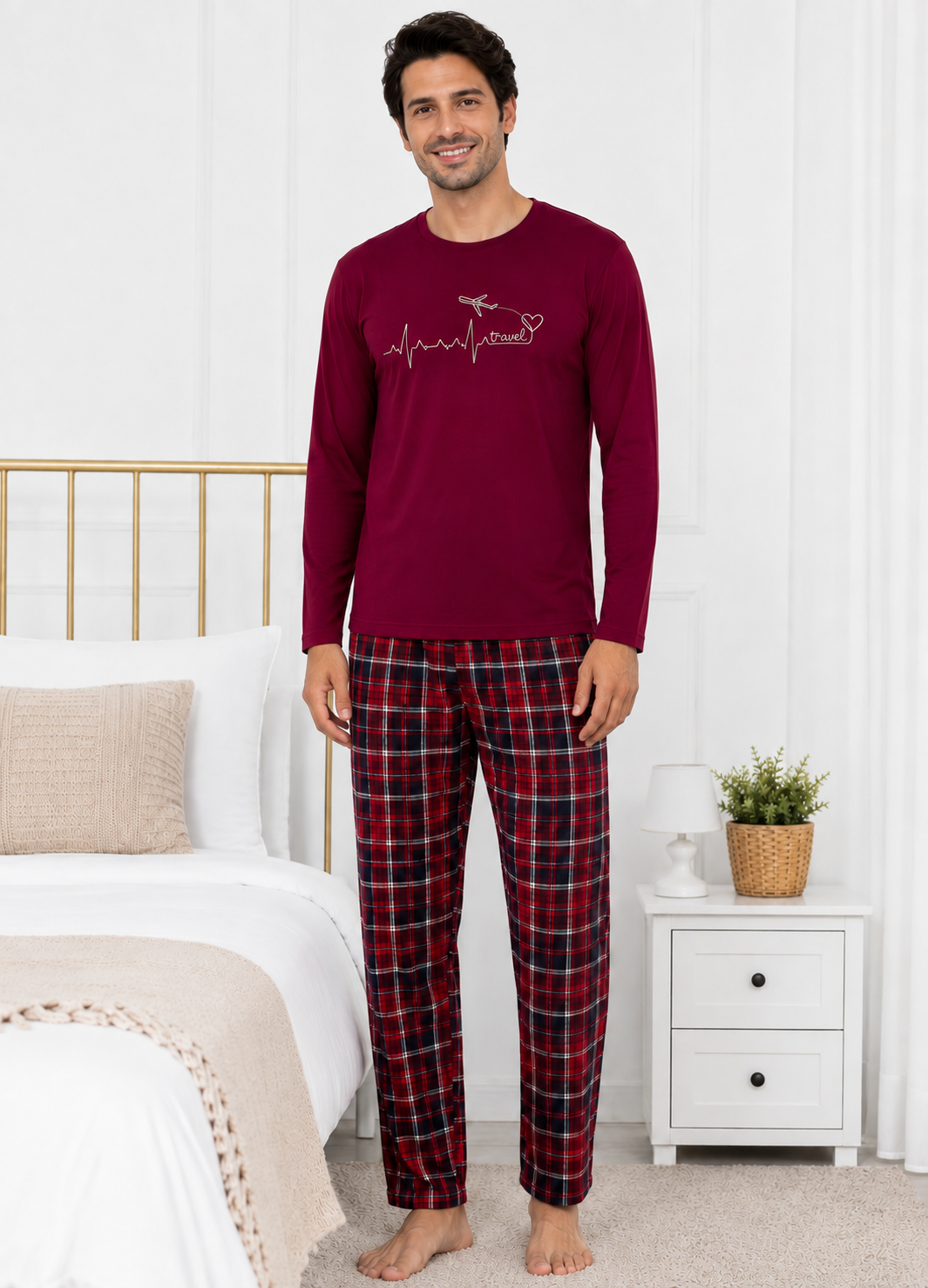 Pijama barbati din bumbac, bluza bordo cu maneca lunga si pantaloni in carouri rosu-negru [3]