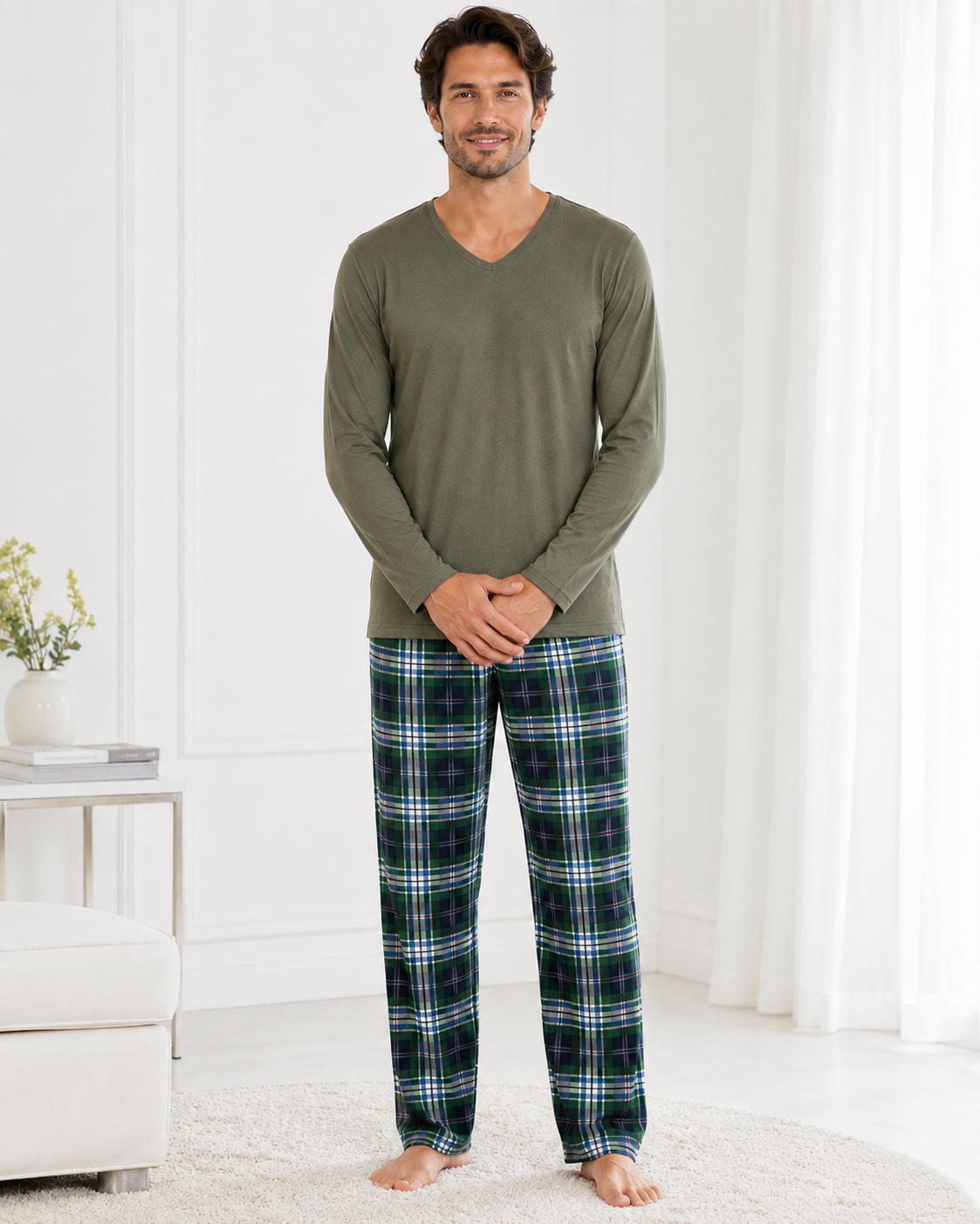 Pijama barbati cu bluza kaki cu maneca lunga si pantaloni in carouri verde bleumarin [4]