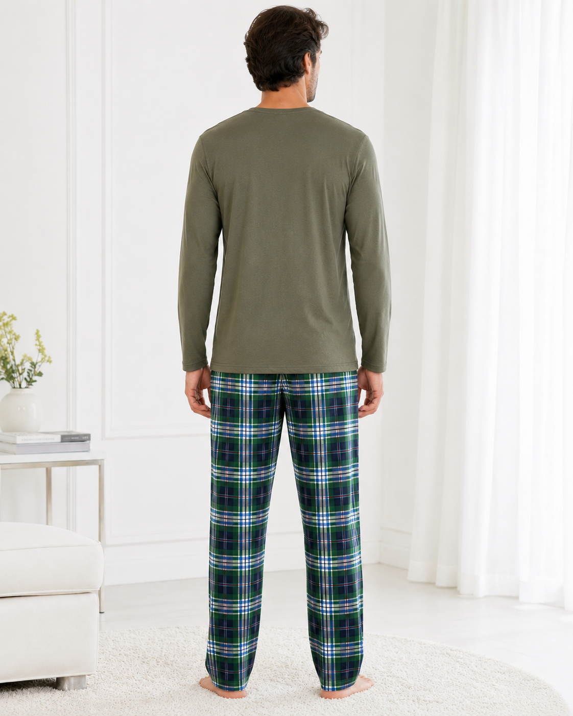 Pijama barbati cu bluza kaki cu maneca lunga si pantaloni in carouri verde bleumarin [2]