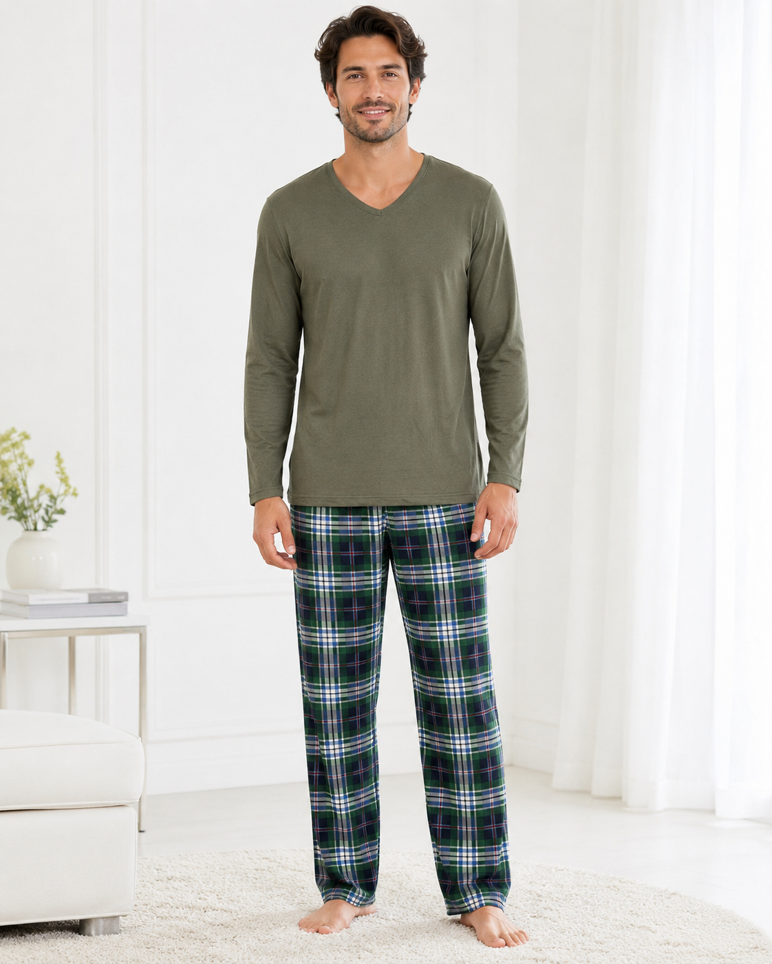 Pijama barbati cu bluza kaki cu maneca lunga si pantaloni in carouri verde bleumarin [3]