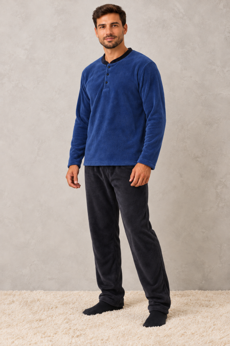 Pijama Polar Barbati Groasa si Pufoasa Cocolino, Bluza Bleumarin si Pantaloni Gri Inchis [4]