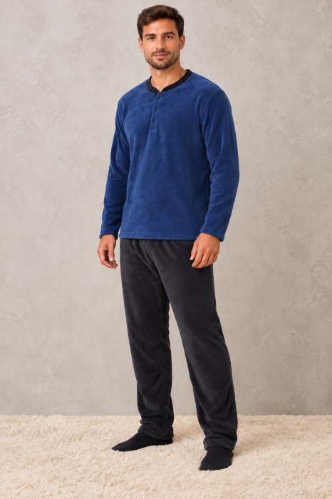 Pijama Polar Barbati Groasa si Pufoasa Cocolino, Bluza Bleumarin si Pantaloni Gri Inchis [5]