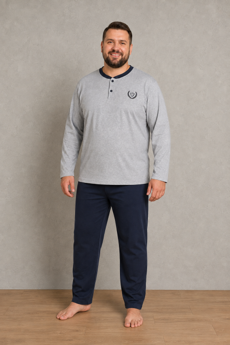 Pijama Barbati Marimi Mari din Bumbac, Bluza Gri cu Maneca Lunga si Pantaloni Bleumarin [3]