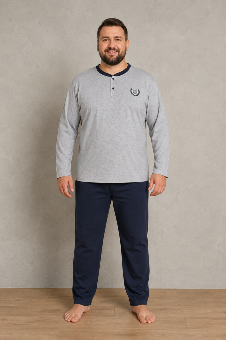 Pijama Barbati Marimi Mari din Bumbac, Bluza Gri cu Maneca Lunga si Pantaloni Bleumarin [2]