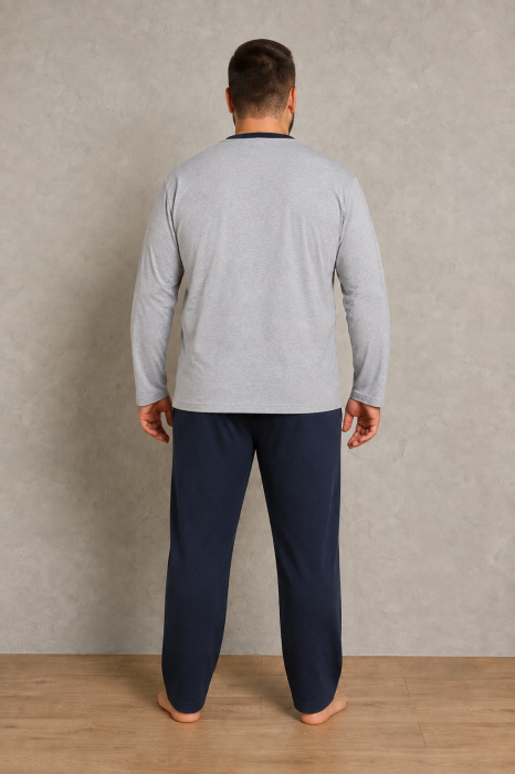 Pijama Barbati Marimi Mari din Bumbac, Bluza Gri cu Maneca Lunga si Pantaloni Bleumarin [6]