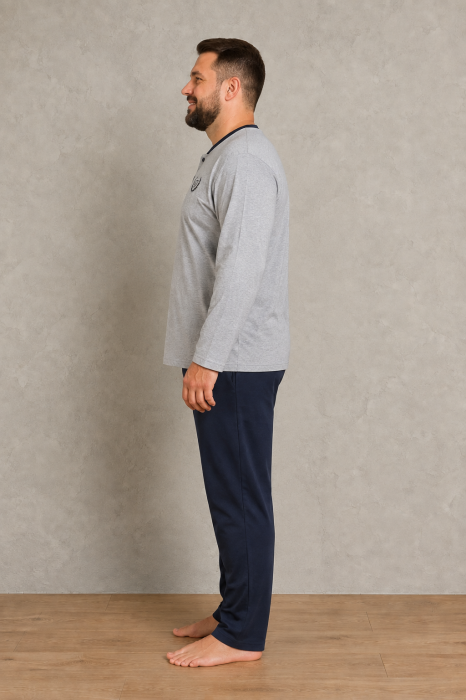 Pijama Barbati Marimi Mari din Bumbac, Bluza Gri cu Maneca Lunga si Pantaloni Bleumarin [5]