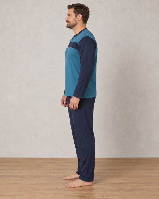Pijama bumbac marime mare Barbati cu Maneca Lunga, Bluza Albastru  Bleumarin si Pantaloni Lungi [5]