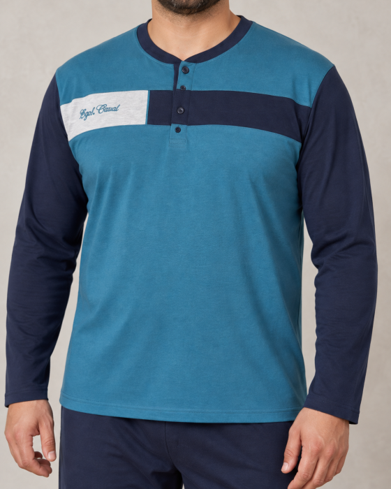 Pijama bumbac marime mare Barbati cu Maneca Lunga, Bluza Albastru  Bleumarin si Pantaloni Lungi [3]