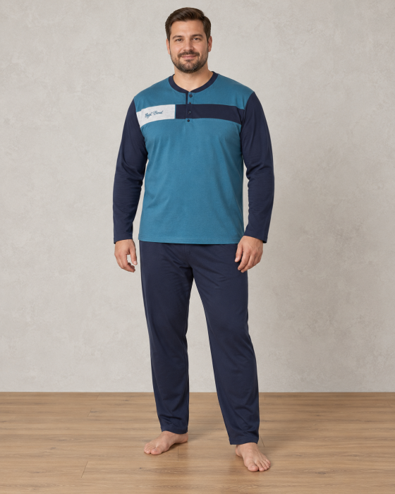 Pijama bumbac marime mare Barbati cu Maneca Lunga, Bluza Albastru  Bleumarin si Pantaloni Lungi [2]