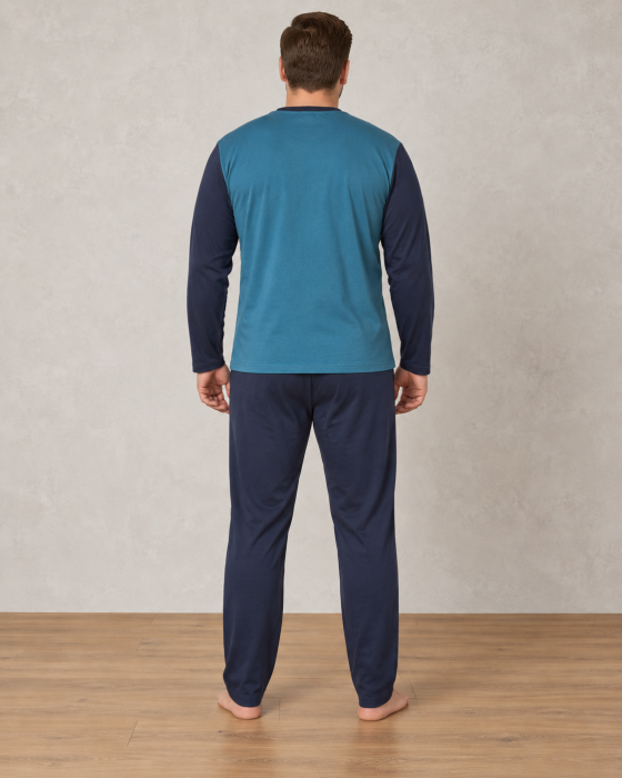 Pijama bumbac marime mare Barbati cu Maneca Lunga, Bluza Albastru  Bleumarin si Pantaloni Lungi [4]