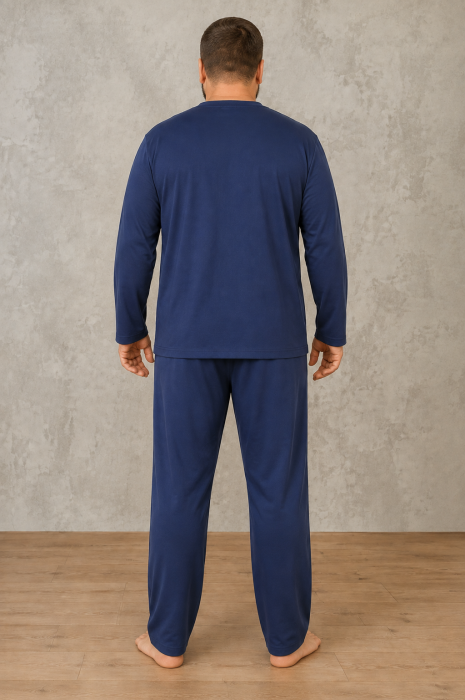 Pijama Barbati Marimi Mari din Bumbac, Bleumarin, Bluza cu Maneca Lunga si Pantaloni Lungi [6]