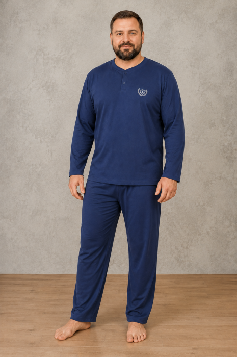 Pijama Barbati Marimi Mari din Bumbac, Bleumarin, Bluza cu Maneca Lunga si Pantaloni Lungi [3]