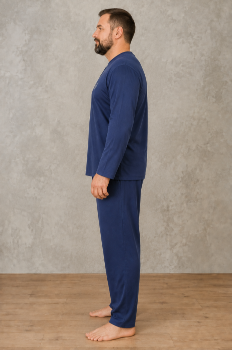 Pijama Barbati Marimi Mari din Bumbac, Bleumarin, Bluza cu Maneca Lunga si Pantaloni Lungi [5]