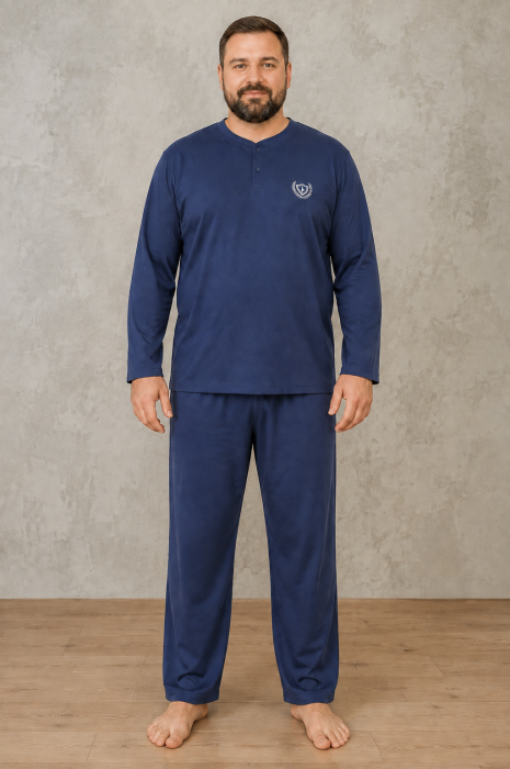 Pijama Barbati Marimi Mari din Bumbac, Bleumarin, Bluza cu Maneca Lunga si Pantaloni Lungi [2]