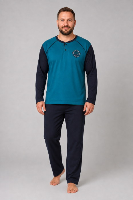 Pijama Barbati Marimi Mari din Bumbac, Bluza Turcoaz cu Maneca Lunga si Pantaloni Bleumarin [3]
