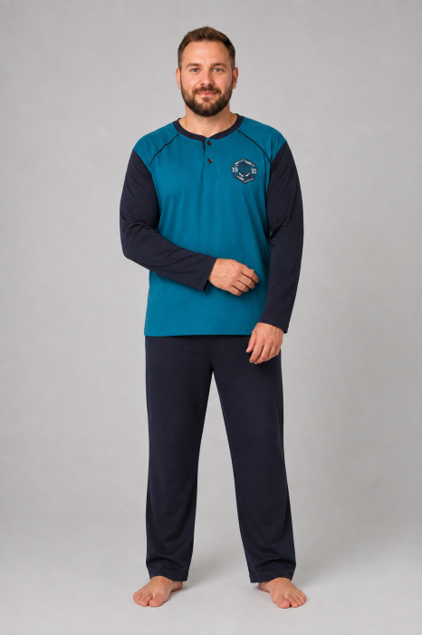 Pijama Barbati Marimi Mari din Bumbac, Bluza Turcoaz cu Maneca Lunga si Pantaloni Bleumarin [4]