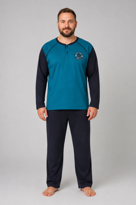 Pijama Barbati Marimi Mari din Bumbac, Bluza Turcoaz cu Maneca Lunga si Pantaloni Bleumarin [2]