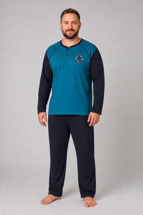 Pijama Barbati Marimi Mari din Bumbac, Bluza Turcoaz cu Maneca Lunga si Pantaloni Bleumarin [5]