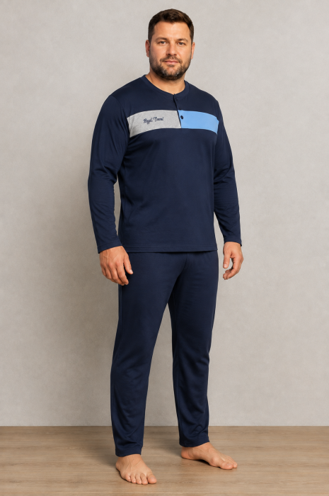 Pijama Barbati Marimi Mari din Bumbac, Bleumarin cu Detalii Gri si Albastre, Maneca Lunga si Pantaloni Lungi [3]