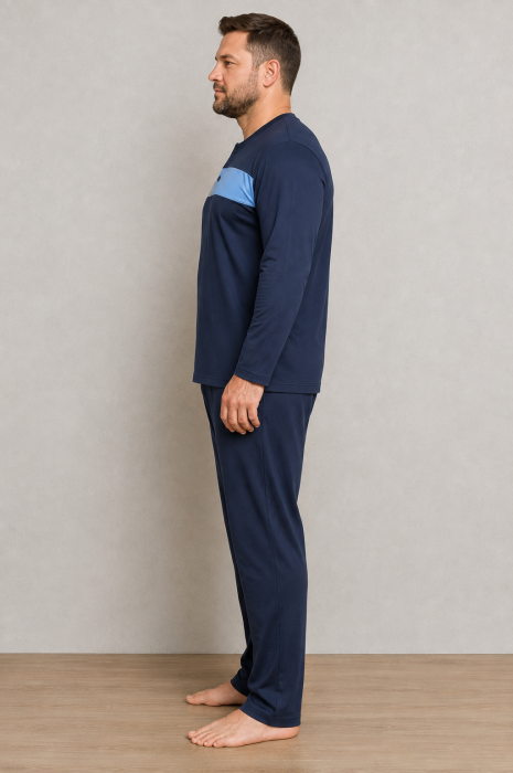 Pijama Barbati Marimi Mari din Bumbac, Bleumarin cu Detalii Gri si Albastre, Maneca Lunga si Pantaloni Lungi [5]
