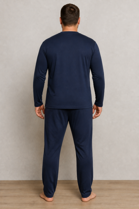 Pijama Barbati Marimi Mari din Bumbac, Bleumarin cu Detalii Gri si Albastre, Maneca Lunga si Pantaloni Lungi [6]