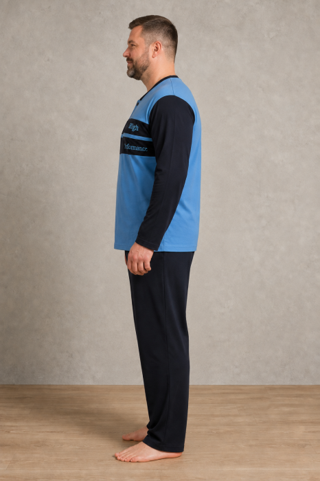 Pijama Barbati Marimi Mari din Bumbac, Bluza Albastra cu Maneca Lunga si Pantaloni Bleumarin [5]