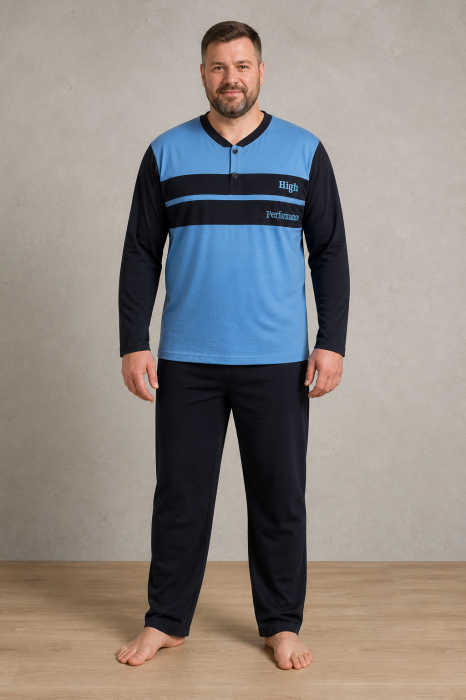 Pijama Barbati Marimi Mari din Bumbac, Bluza Albastra cu Maneca Lunga si Pantaloni Bleumarin [3]