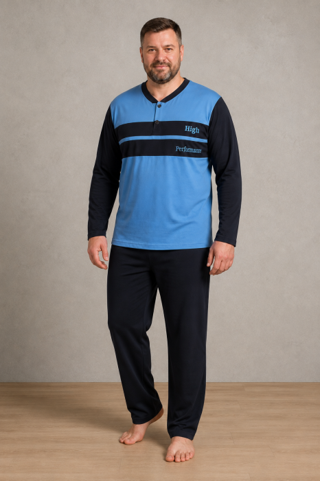 Pijama Barbati Marimi Mari din Bumbac, Bluza Albastra cu Maneca Lunga si Pantaloni Bleumarin [2]