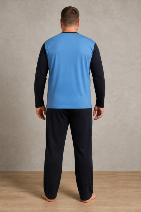 Pijama Barbati Marimi Mari din Bumbac, Bluza Albastra cu Maneca Lunga si Pantaloni Bleumarin [6]