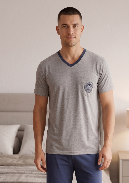 Pijama Barbati Scurta din Bumbac, Set de Vara, maneca si pantaloni scurti gri 1062 [4]