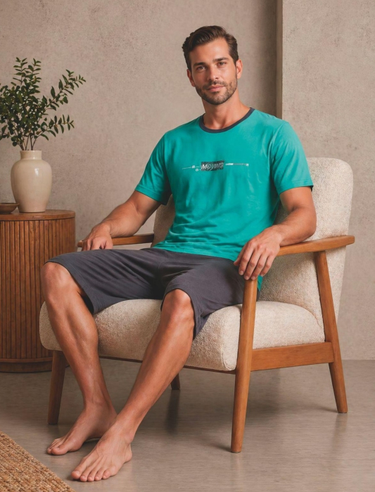Pijama Barbati Scurta din Bumbac, Set de Vara, maneca si pantaloni scurti verde 404 [2]