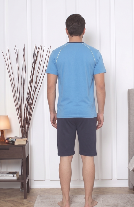 Pijama Barbati Scurta din Bumbac, Set de Vara, maneca si pantaloni scurti bleu 1058 [3]