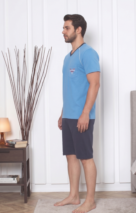 Pijama Barbati Scurta din Bumbac, Set de Vara, maneca si pantaloni scurti bleu 1058 [2]