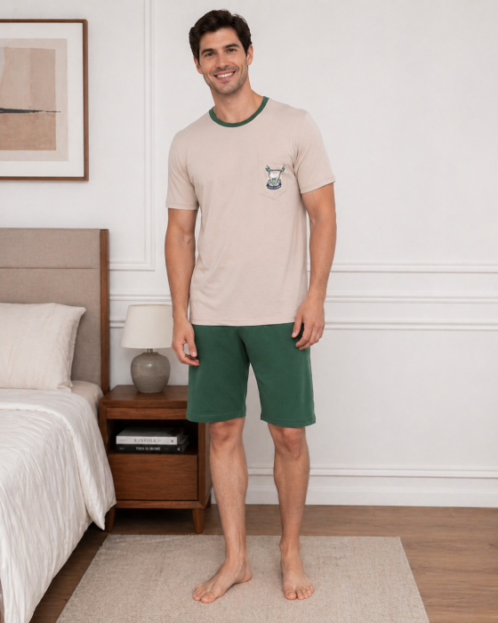 Pijama Barbati Scurta din Bumbac, Set de Vara, maneca si pantaloni scurti bej 1066 [3]