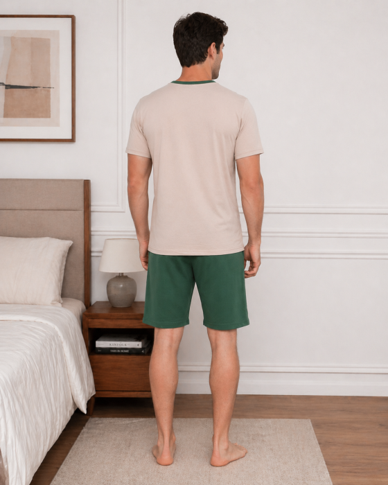 Pijama Barbati Scurta din Bumbac, Set de Vara, maneca si pantaloni scurti bej 1066 [2]