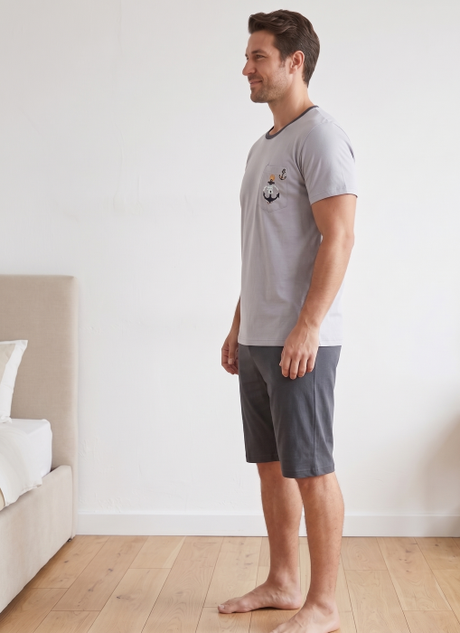 Pijama Barbati Scurta din Bumbac, Set de Vara, maneca si pantaloni scurti gri 3003 [4]